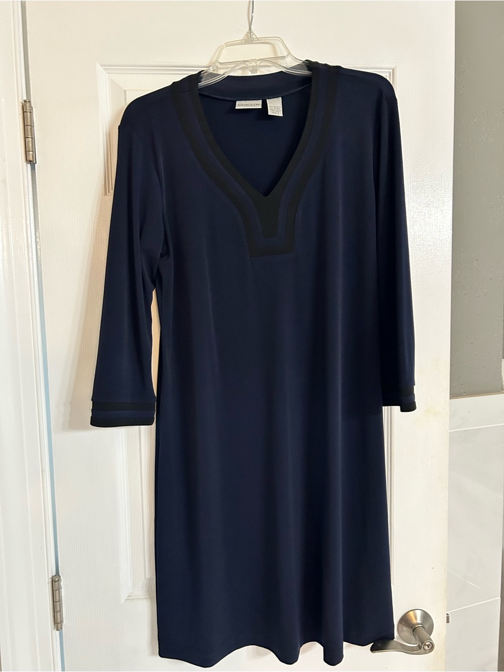 Chico’s Navy V-Neck Shift Dress with Contrast Trim